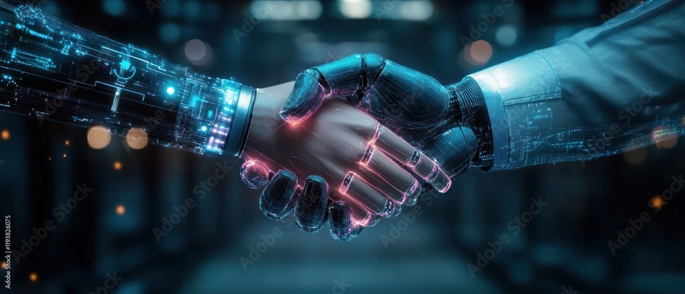 Poster futuristic handshake between human and robot in cyberpunk style emphasizing ai and technology innova