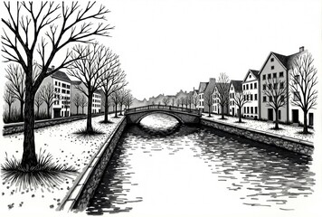 Fototapeta premium Canal Scene with Stone Bridge and Buildings