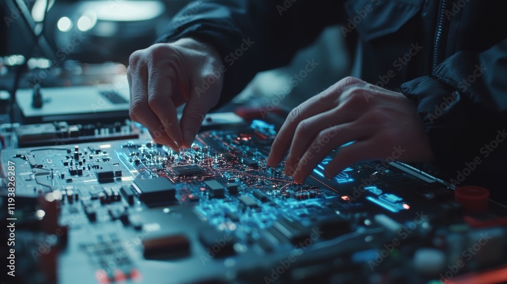Poster closeup of a technicians hands assembling an intricate electronic prototype with circuit boards and 