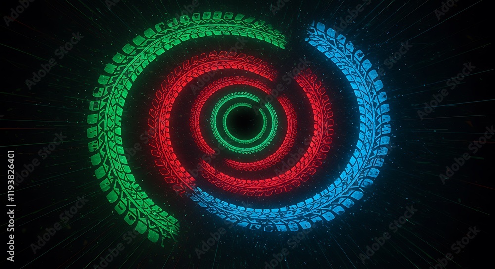 Poster glowing neon tire tracks create concentric circular patterns in green, red, and blue. abstract desig