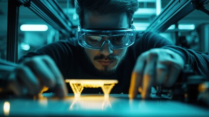 A worker peer intently through protective goggles hands adjusting the settings on an advanced 3D printer with filament spools and digital readouts framing the scene illustrating handson