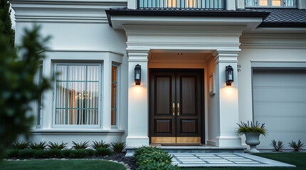 Elegant Modern Home Exterior: Luxury Real Estate Photography. This stunning contemporary house showcases exquisite architecture, landscaping, and a grand entrance, perfect for luxury living.