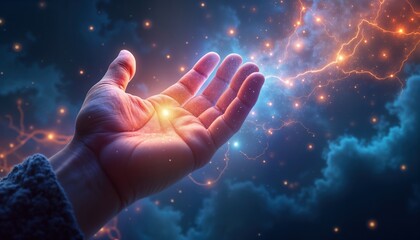 Spiritual hand controls cosmic energy flow. Mystical energy radiates from hand. Celestial blueprint. Universe wiring diagram manipulated. Divine power channeled. Person meditates on cosmic schematic.