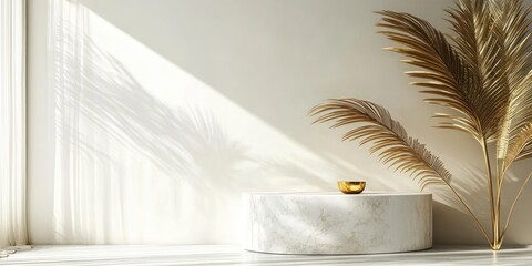 Minimalist White Marble Table with Golden Palm Leaf Decor