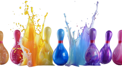Bowling ball striking down colorful pins with dramatic motion, isolated on white background