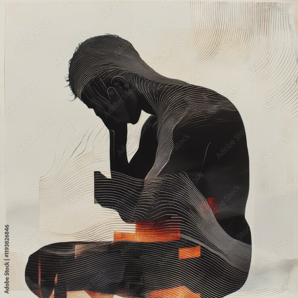 Aufkleber person experiencing discomfort with abstract waves and geometric shapes symbolizing pain in a dynami