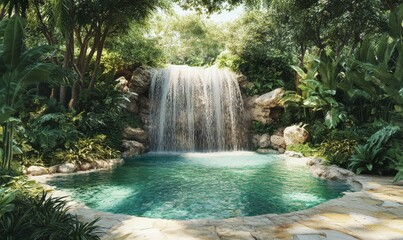 Naklejka premium Serene Waterfall Cascades Into Tranquil Pool Amidst Lush Greenery