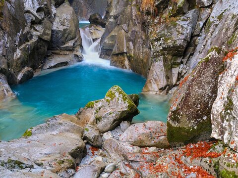 River Sarca. Valley Val di Genova in the Parco Naturale Adamello Brenta in the province of Trentino in Italy.