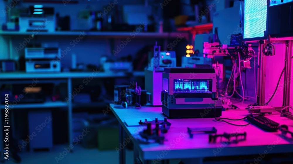 Poster a closeup of a precise 3d printing unit sitting on a workbench crowded with various smallscale tools