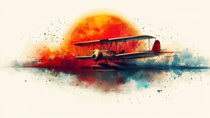 Vintage Bi-Plane in Vibrant Sunset Over Water, Capturing the Beauty of Classic Aviation Artistry in a Colorful Abstract Style