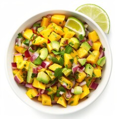 A bowl of tropical mango and avocado salsa with red onion and lime juice, isolated white background, modern art style