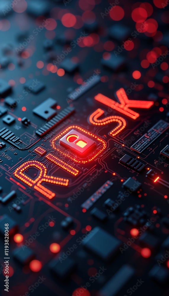 Poster futuristic tech illustration shows glowing text awareness, risk on circuit board. dark background hi
