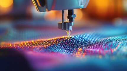 A closeup shot of a sewing machine stitching together a small batch of custom fabric products with colorful threads and tailored patterns visible demonstrating artisan craftsmanship