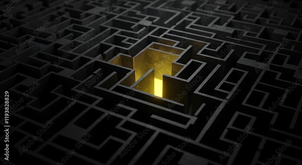 Poster dark maze with complex geometric pattern. challenging path to a solution.
