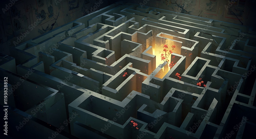 Poster dark maze labyrinth. intricate path. red flowers. geometric abstract light. complex.