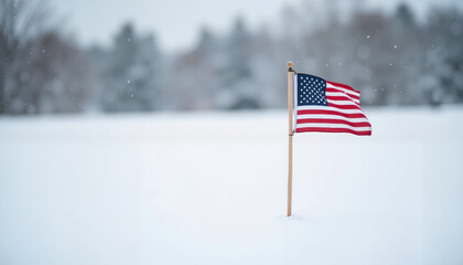 Fototapeta premium American flag waving in snow-covered field, Independence Day USA