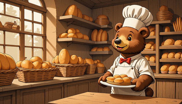 Bear chef holding freshly baked bread in a rustic bakery, Vintage Bear Illustration