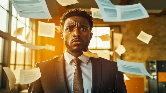 Adult African-American man surrounded flying papers stares bewildered.Office chaos captures shocked employee suit.Papers engulf business professional frantic moment.Work stress evident dismayed