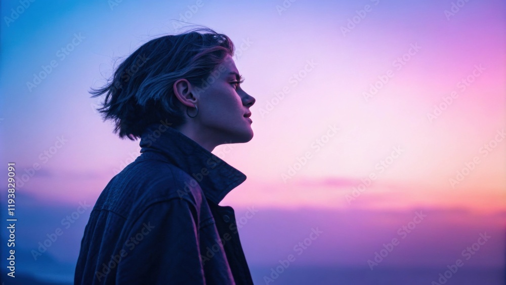 Poster a soft portrait capturing an individual against a striking gradient backdrop that shifts from cool b