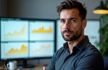 Businessman presenting campaign strategy to clients. Data analytics, performance metrics displayed on multiple monitors. Modern tech office environment. Serious, focused attitude. Discussing