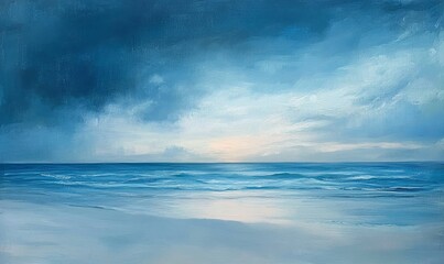 Obraz premium A serene beach scene with a vast expanse of blue ocean and soft white sand at sunset, sea, peaceful, nature, twilight