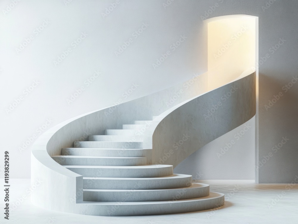 Poster minimalist curved staircase with round platform and soft lighting in modern design