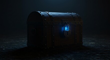 Dark antique wooden treasure chest, locked with glowing blue light. Metal keyhole, lock.