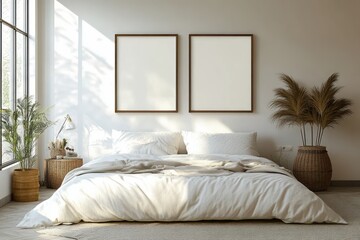 Serene Minimalist Bedroom Interior with White Bed and Natural Light