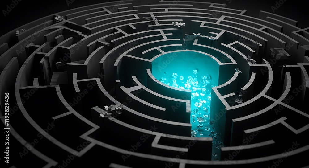 Poster complex circular maze. intricate path. finding a solution. challenge with light.