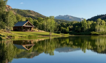 Fototapeta premium A secluded cabin on a tranquil lake with mountain views