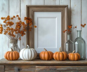 Cozy Autumn Decor with Pumpkins and Rustic Frame in Minimalist Scandinavian Style