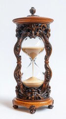 Beautiful old vintage wooden hourglass with grains of sand falling down against white background