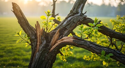 Fototapeta premium Weathered broken tree branch with new green leaves, concept for growth, renewal and nature recovery