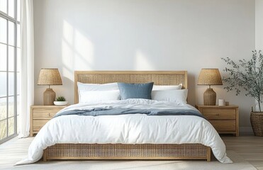 Scandinavian Style Cozy Bedroom with Light Wood Bed and Blue Accents