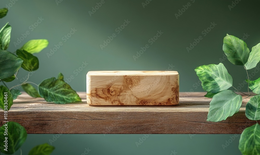 Poster minimalist wooden block display on rustic table with lush green leaves