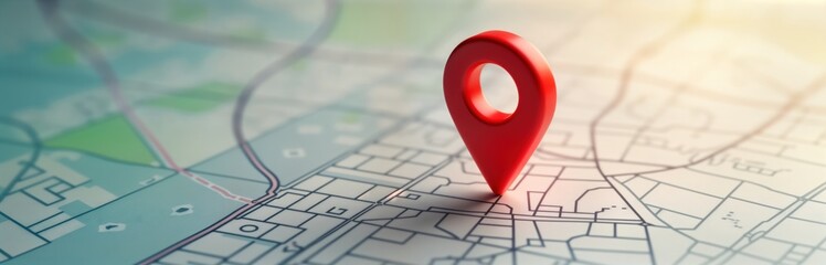 Modern red location pin on detailed map. Minimalist design for navigation apps, travel services. Pin shows destination on digital map. Helpful for planning trips, finding places. Route planning