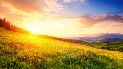 A scenic countryside landscape with rolling hills and a soft sunrise, perfect for promoting outdoor adventures, hiking trips, nature retreats, and rural escapes.
