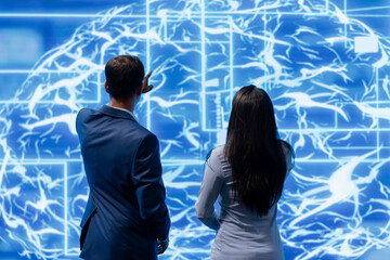 Coworkers doing brainstorming, using AR visualization to fix artificial intelligence neural...