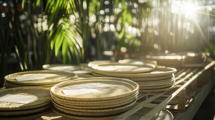 Obraz premium A detailed view of sustainably harvested palm leaf plates with tags explaining their ecofriendly production process captured in a lively factory showcasing ecoconscious craftsmanship.