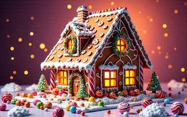 Fototapeta premium Decorated Gingerbread House with Candy and Lights
