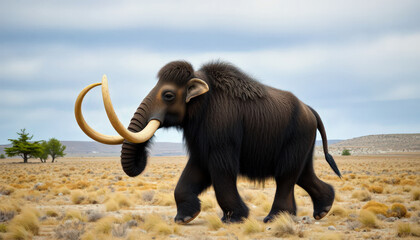 A majestic woolly mammoth strides across a sandy, grassy field under a partly cloudy sky, evoking the prehistoric era's vast landscapes and fascinating wildlife.