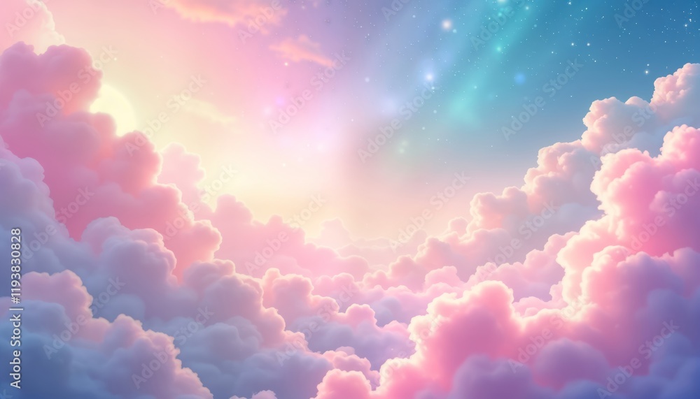 Poster pastel rainbow unicorn background with sparkling stars. hazy pink fantasy sky. charming holographic 