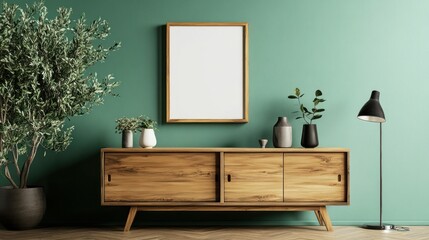 Mid-Century Modern Interior Design: Green Wall, Wooden Cabinet, Plants, and Mockup Poster