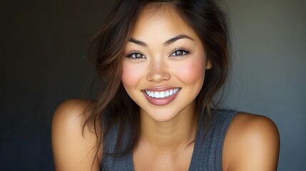 Naklejka premium A woman exudes joy with a bright smile while wearing a casual gray tank top. Her long hair frames her face, highlighting her expressive eyes and warm demeanor