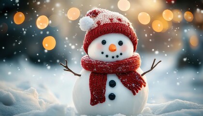 Obraz premium Cheerful Snowman in Red Hat and Scarf in Cozy Winter Wonderland with Soft Bokeh Lights