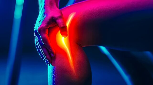 Middle-aged Caucasian woman experiences knee pain.Illuminated joints indicate discomfort.Medical imaging highlight inflammation.Visual effects simulate symptoms.Healthcare concepts represented