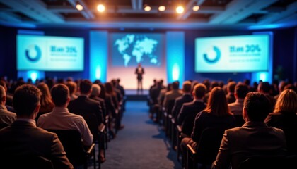 Large audience sits in conference hall. Speaker delivers talk. Businesspeople gather for corporate business event. Pro atmosphere. Focus on learning, growth. Educational presentation. Event takes