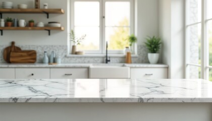 Modern empty white marble table in bright kitchen interior. Clean minimalist design with white cabinets, wooden shelving. Spacious room with natural light. Perfect for products. Ideal for marketing,