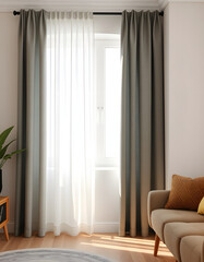 Window curtain png mockup living room interior design, Side lit. isolated with white highlights