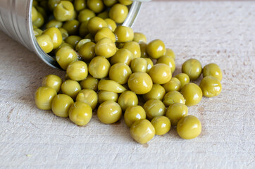 canned green peas from a can on a white background